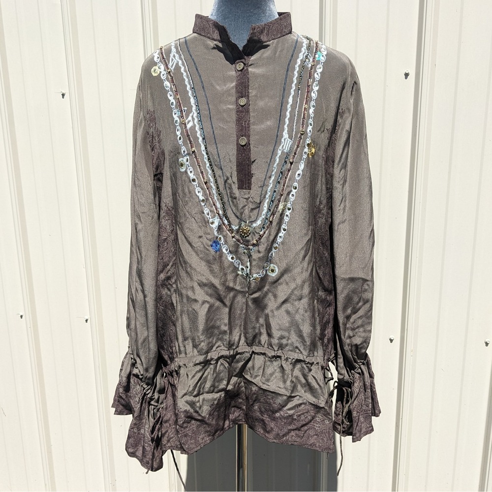 Camilla Embellished Silk Tunic Blouse L Gothic Studded Beaded Rosary Cross FLAW